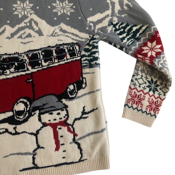 Volkswagen VW Bus Camper Van Ugly Christmas Xmas Sweater Red Grey Snowman Size S - Picture 16 of 16